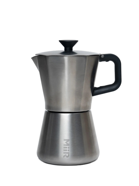 stainless MiiR New Standard Moka Pot against a white background
