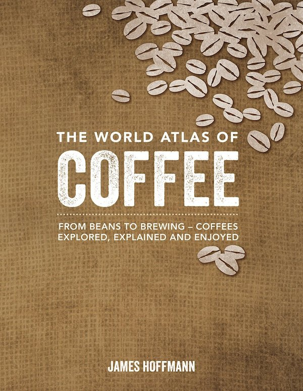 the cover of The World Atlas of Coffee by James Hoffmann which depicts a jute texture and white cartoon coffee beans filling the top left of the image