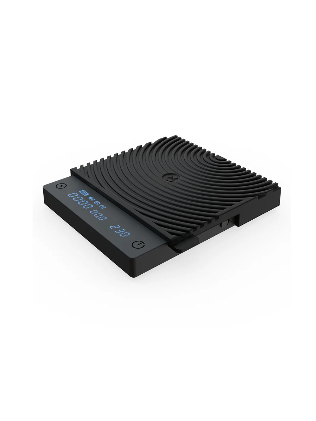 black mirror mini scale turned on and showing a weight of 230g
