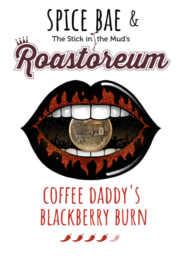 Product label for 'Coffee Daddy's Blackberry Burn' with branding and contact information.