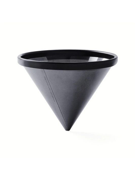 a metal mesh pointy cone coffee filter floating against a white background with small amounts of light coming through the precisely made holes.