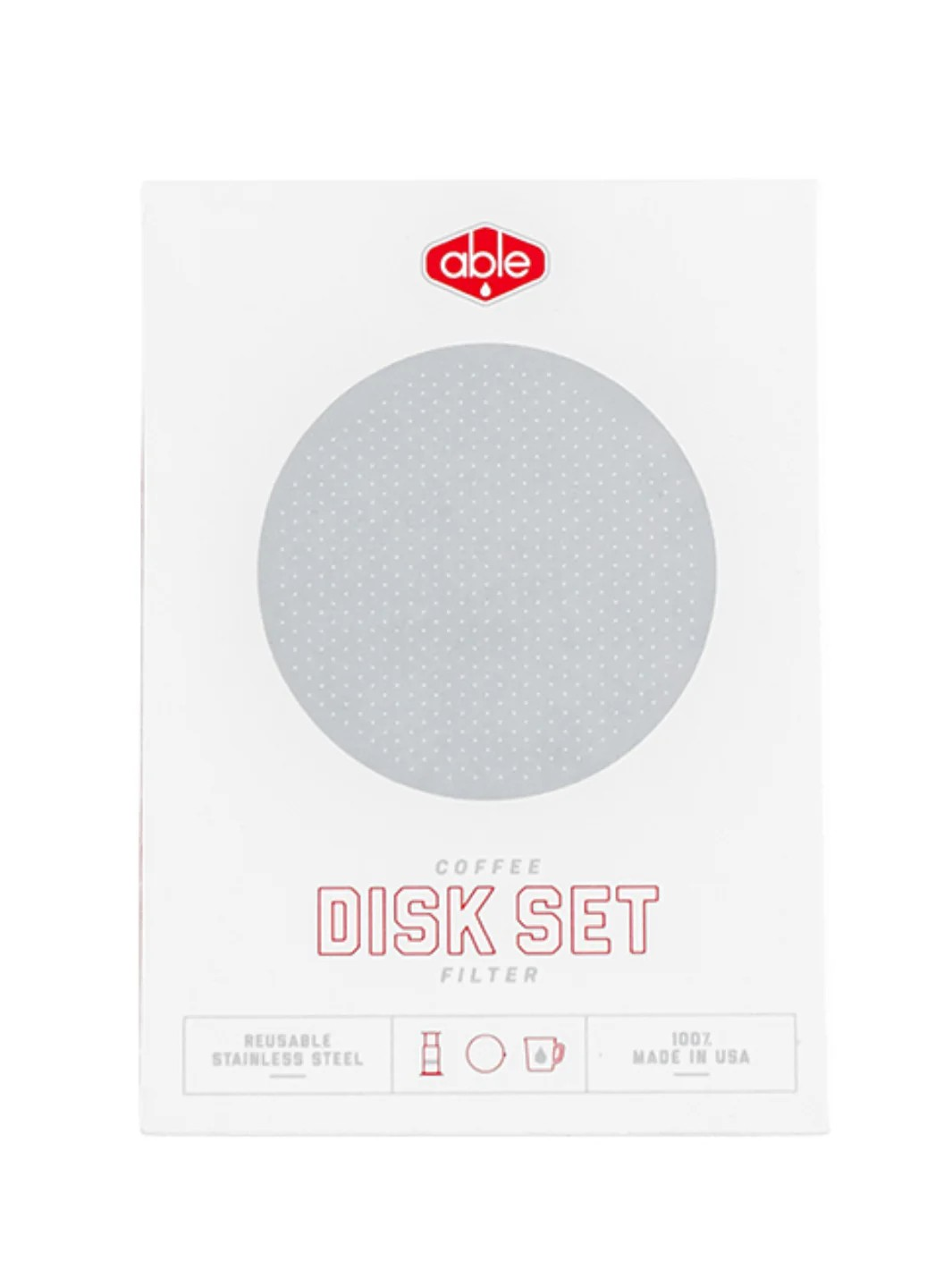 the box for able disk set showing a grey circle to depict the metal disks inside