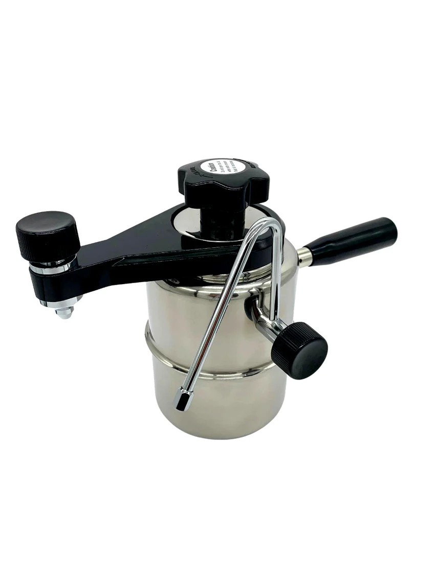 a stainless steel and black plastic bellman cappuccino against a white background