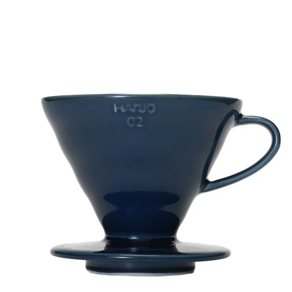 a dark blue ceramic hario v60